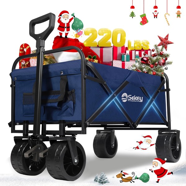 Sekey Heavy Duty Foldable Wagon with 220lbs Weight Capacity, Collapsible Folding Utility Garden Cart with Big All-Terrain Beach Wheels & Drink Holders.Blue