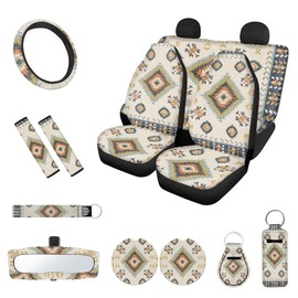 Tongluoye Geometric Aztec Car Seat Covers Full Set with Steering Wheel Cover Waterproof Car Seat Cover Brown Cover Car Accessories for Women Interior Cute Set Universal Fit for Truck Van SUV