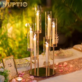 NUPTIO Hurricane Glass Candle Holders: 6 Arm Gold Metal Candlestick Candelabra with Removable Clear Cylinder Sleeve 24 inch Tall Candelabras Large Taper Holder for Outdoor Wedding Table Centerpiece