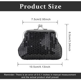 FuninCrea 2 Pieces Kiss Lock Coin Purse, Reversible Sequin Coin Purses, Mini Coin Wallet for Ladies and Girls, Double Clasp Closure Mini Purse for Cash, Coin, Key and Other Small Items (Golden+Black)