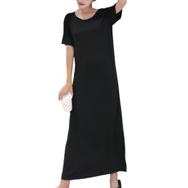 Three Joy (Loved Room Wear Dress) Women's Dress, Stretchy, Long Length, Long Sleeve, Thin, 4 Colors Available M - XL, black short sleeve, M