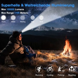 SIDARK Stirnlampe LED Wiederaufladbar 100000 Hohe Lumen, Superhelle 9000mAh Akku Kopflampe mit 5 Lichtmodi & IPX7 Wasserdicht & Zoombar, 90° Einstellbar Stirnlampen für Camping, Angeln, Notfälle