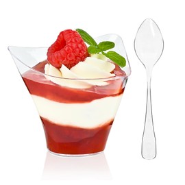 TOFLEN 50 Pack 4 oz Plastic Dessert Cups with Spoons, Irregular Triangular Mini Dessert Bowls for Party Trifle, Yogurt Parfait, Pudding, Appetizers, Mini Dessert Shot Glasses for Tasting