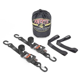 PowerTye 1.5in x 6ft Ergonomic Ratchet Tie-Down Kit w/Latching Hooks, Soft-Tyes, and Storage Bag - Made in USA - 1,000 lb. WLL / 3,000 lb. Breaking Strength - Black (Kit)