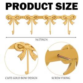 Otoolling 2 Pack Gold Bow Hooks Coat Rack Wall Mounted Metal 4 Hooks Coquette Bowknot Wall Hanger Nursery Bedroom Bathroom Living Room Kitchen Home Decor for Hanging Coats Hat Towels Purse Bag Keys