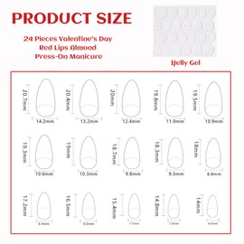 Kabwea 24 set Valentine's Day press-on nails with red lips and almond shape, Valentine press on nails set, Valentine's Day press on nails (jelly glue)