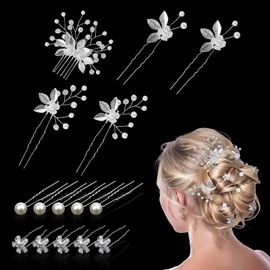 EOAMGO Wedding Hair Accessories, Pack of 15 Hair Accessories, Pearls and Flower Leaf Headpiece, Bridal Hair Accessories with Rhinestones, Bridal Jewellery Hair for Brides and Bridesmaids (Silver Hair
