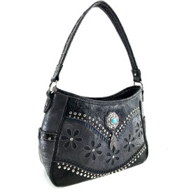 Justin West Turquoise Stone Concho Feathers Western Tooled Studs Concealed Carry Handbag Purse (Black Purse Only)