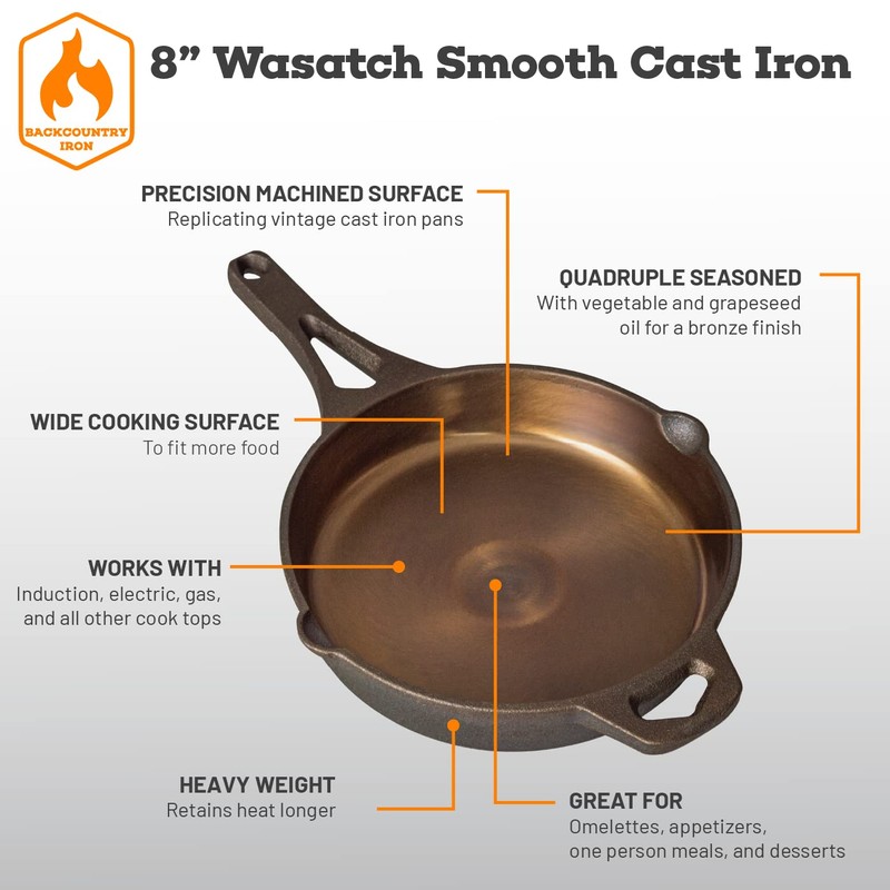 Backcountry Iron 8 Inch Smooth Wasatch Pre-Seasoned Round Cast Iron