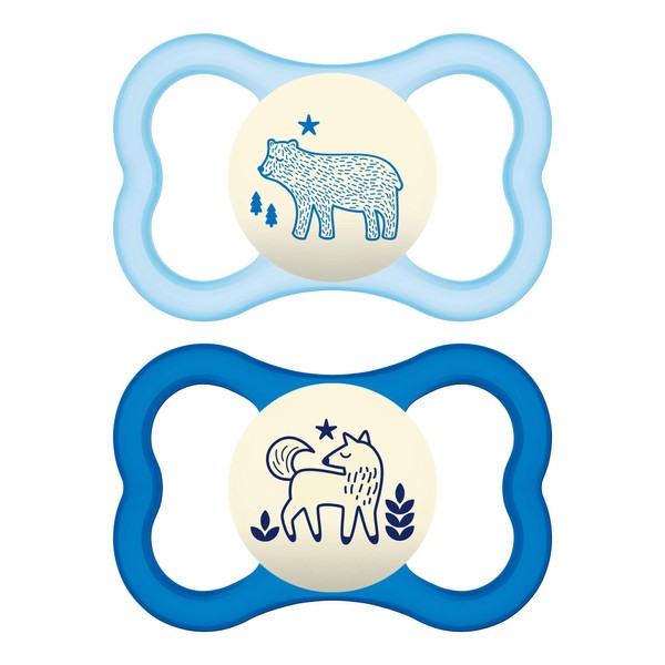 MAM Air Night Pacifiers (1 Sterilizing Pacifier Case), MAM Sensitive Skin Pacifier 6+ Months, Glow in the Dark Pacifier, Best Pacifier for Breastfed Babies, Baby Boy Pacifiers, 6-16 (Pack of 2