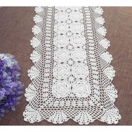 Damanni 16 Inch by 27-55 Inch Rectangular Cotton Handmade Crochet Lace Table Runner Doilies for Coffee Table Dresser Scarf Décor, Cotton, White, 16x27 Inch