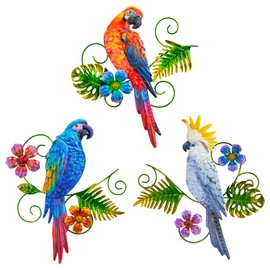J-Fly Outdoor Decorations for Yard,Outdoor Garden Decor,Metal Wall Art Decor，Patio Decorations Outdoor Metal Bird Wall Decor-12 Inches Parrot Large Hanging Wall Decor 3 Pack