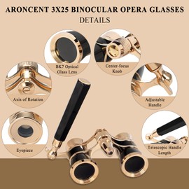 Aroncent Opera Glasses Binoculars 3X25 Theater Glasses Mini Binocular Compact with Adjustable Handle for Adults Kids Women in Opera Musical Concert