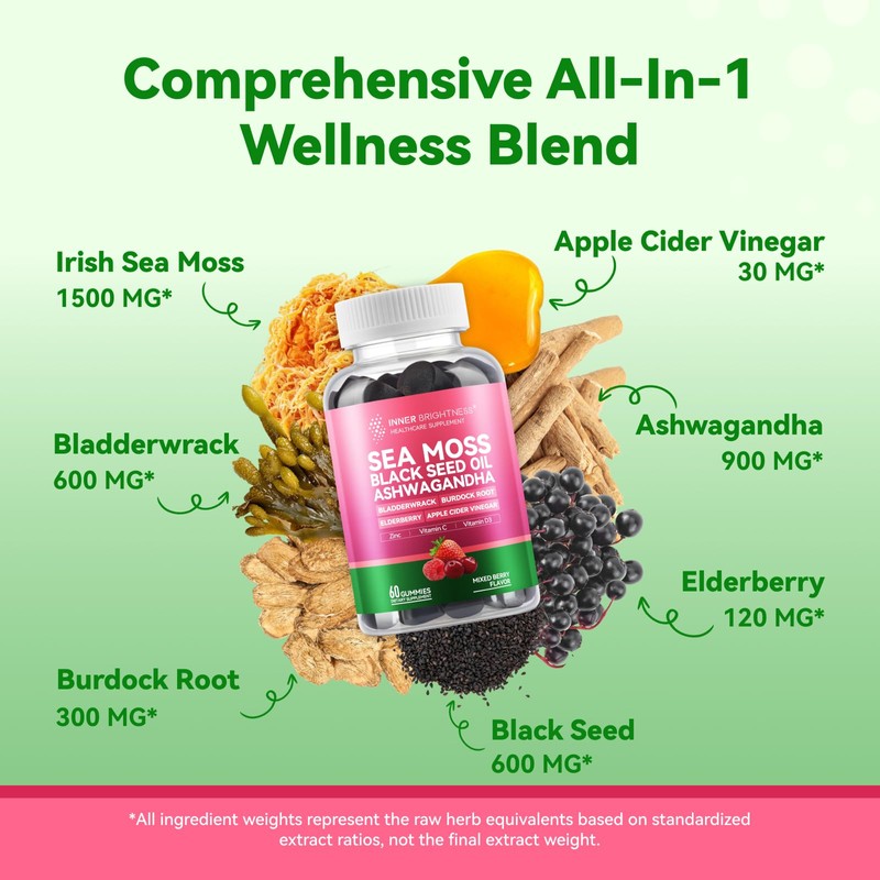 Inner Brightness Sea Moss 4000mg Gummies with Ashwagandha, Elderberry, Apple