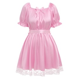 ABAFIP Sissy Mini Nightdress for Men Frilly Ruffle Square Neck Bowknot Lace Trim Satin Ruffle Nightdress Light Pink One Size