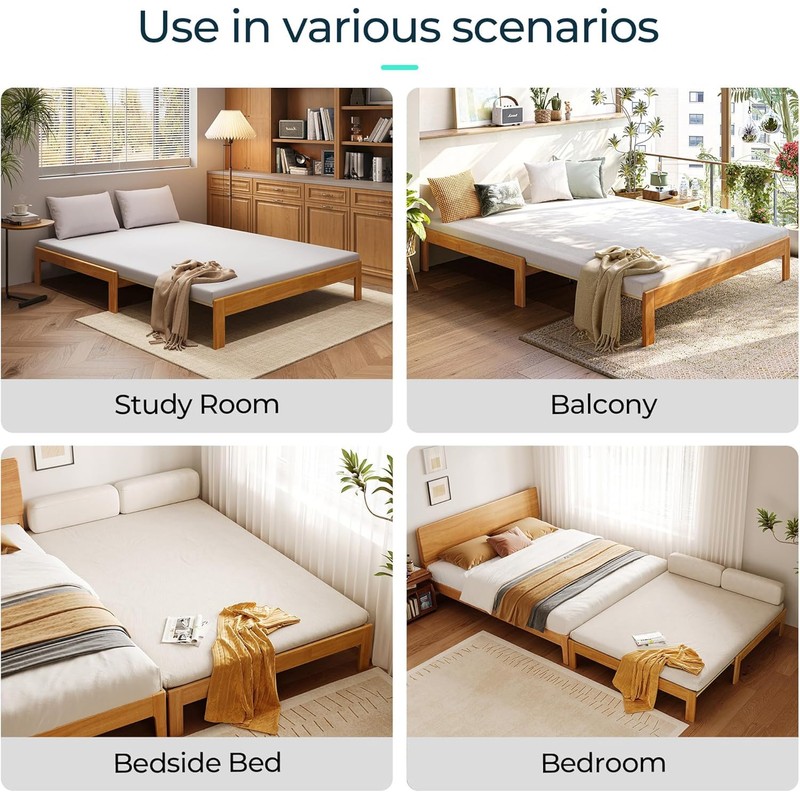 LINSY Wood Bed Frame Full Platform Bed, Retractable Bedframe with