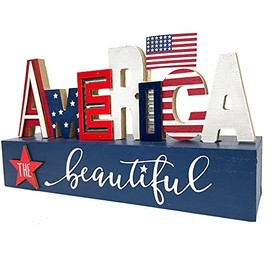 American Patriotic Decor 4th of July Decorations US Flag AMERICA Letter Box Sign Wooden Block Home Decor Rustic Farmhouse Sign Tabletop for Memorial Day Independence Labor