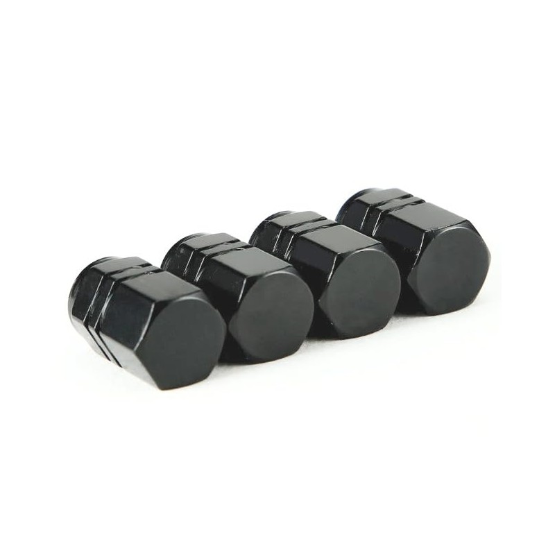 Black Hex Aluminum Tire Valve Stem Caps - 4 Pack