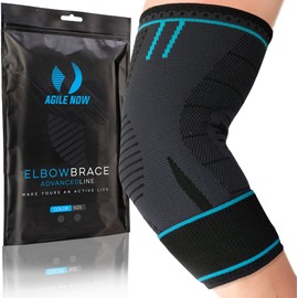 AGILE NOW® Advanced Elbow Support Stabilises & Protects Joints - Non-Slip Tennis Elbow Bandage with Velcro Closure for Flexible Compression on Elbow (L | Blue)