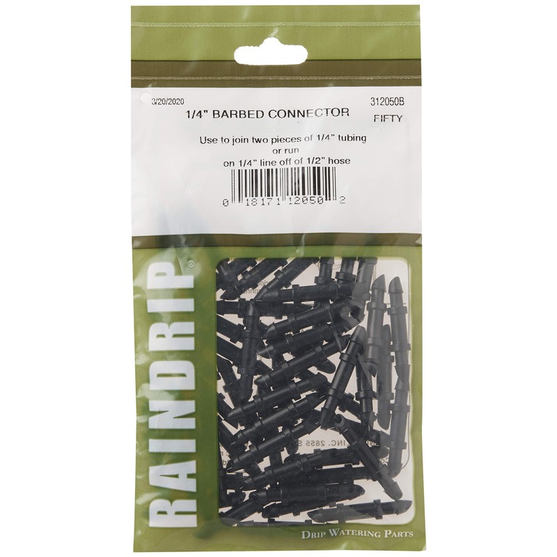 Raindrip 312050B Drip Irrigation Fittings Single Barbed Coupling Connectors, 1/4-Inch,