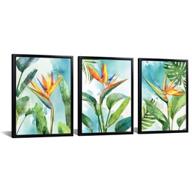 KREATIVE ARTS 3 Piece Bird of Paradise Watercolor Canvas Wall Art Tropical Flowers Coastal Beachy Décor Black Frame for Living Room Bedroom Home Office Wall Decoration Ready to Hang Each Size 12x16''