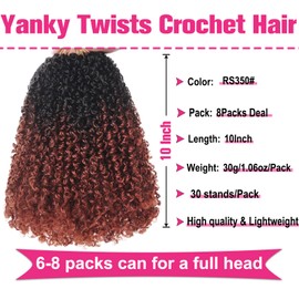 Unionbeauty 10 Inch Pre-looped Yanky Twist Crochet Hair 8PCS Pre-Twisted Micro Twist Crochet Braid Hair with Bouncy Spring Twist Crochet Hair Ombre Copper Red Synthetic Crochet Hair Extensions 1B/350#