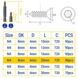 Mbsomnus Pack of 90 Wood Screws Black M4 x 20 mm Screws Stainless Steel A2 V2A Countersunk Screws Acoustic Panels Screws Wood Screws Torx Full Thread Chipboard Screws for Furniture Mounting