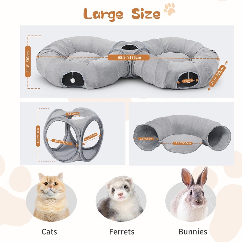 Pawaboo 2-in-1 Cat Tunnel Bed for Indoor Cats, 8-Shaped Large