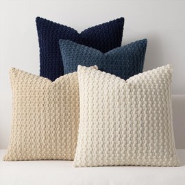 Kevin Textile Throw Pillow Covers Pack of 4 Spring Super Soft Boho Corduroy Decorative Pillow Covers Cases Solid Color Plush Texture Throw Pillows for Sofa Couch Chair 18x18 Inch, Blue
