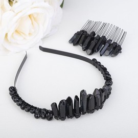 Teyglen Raw Crystal Quartz Headband and Hair Comb Mermaid Rhinestone Hair Band Handmade Natural Stone Headpiece Hair Accessories for Women Girl Wedding Party (Black)