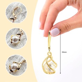 Auiremrti 18 Carat Gold Plated Cage Pearl Drop Earrings for Women, Lightweight Leverback Earrings, Minimalist Jewellery, Gift for Her