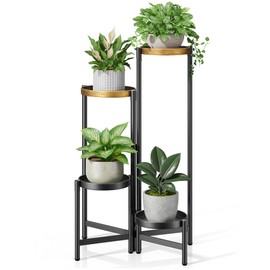 NQW 4 Tiered Metal Black Gold Tiered Plant Stands Indoor with 7.9 Inch Wide Tray Corner Folding Plant Stand Tall for Patio Porch Balcony