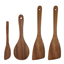 VARKAGE Set of 4 Spatulas Wood Dishwasher Safe, Ebony Wooden Cooking Spoon, Wooden Scraper Kitchen, Wooden Spatula for Cooking, Long Handle, Heat Resistant Wooden Spoon