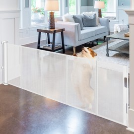 Reinforced 18" Tall Retractable Gate Step Over Dog Gate, 55" Wide Mesh Gate Short Pet Gate Indoor/Outdoor Retractable Dog Gate, Small Gates for Pets Puppy Gates for The House - No Bottom Squeeze/White