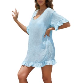 FANCYINN Women's Beach Dresses Beach Cover Up Shirt Bikini Tieneck Beach Poncho Summer Swimwear Cover Up Lace Shoulder, blue