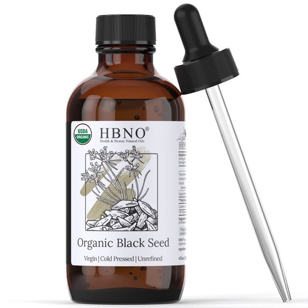 HBNO Organic Black Seed Oil Liquid 4 oz (120ml) - USDA Certified Organic Black Cumin Seed Oil - Black Seed Oil Organic Cold Pressed for Face, Body, Lips, Shampoo & Condition - Pure Black Seed Oil