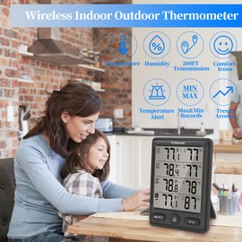 Geevon Indoor Outdoor Thermometer Wireless with 3 Remote Sensors, Digital Hygrometer Thermometer, Wireless Temperature Humidity Monitor Gauge with 200FT/60M Range (Black)