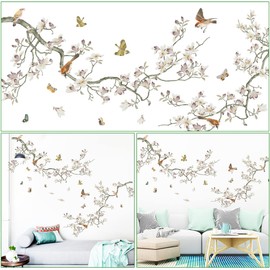 Removable 3D Two Curved Tree Branches Leaves With Colorful Flying Birds Wall Decals DIY Peel and Stick Wall art Decor Stickers for Kids Babys Bedroom Boys Playroom Classroom Nursery Wall Corner Decoration (White)