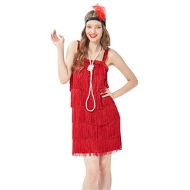 Wizland 1920s Tassel Flapper Dress Cocktail Party Roaring 20s Great Gatsby Ballroom Dress With A Headband,A Necklace (Red S)