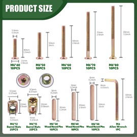 Keadic 131 Pcs Zinc Plated M6 40/50/60/70/80mm Baby Bed Screws Hardware Replacement Kit with Fluted Wood Dowel Pins , M6 Hex Socket Head Cap Barrel Bolt Nuts for Furniture