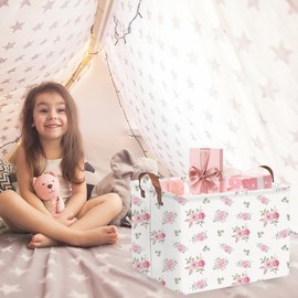 FXOCSHE Rectangular Rose Pink Flower Basket for Girls,Waterproof collapsible laundry basket for girls,Kids Storage Baskets,Books Box,Gift Baskets,Baby Room Decor(Pink Flowers)