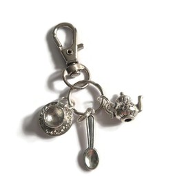 TEA lover themed charm bag clip keyring gift, cup of tea lover birthday Xmas present, spoon tea bag charms afternoon tea drinker novelty favors