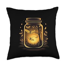 Nice Fireflies in a Jar Fantasy Jar with Glowing Insects for Dreaming Summery Night Throw Pillow, 18x18, Multicolor