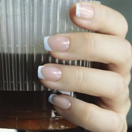 generic Chic Chit Simple Blue Collar, Press On Nails, French Tip, Sheer, Glossy, Square Short, Fake Nails, 30 Pieces, Baby Blue, Nude