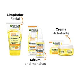 Kit Garnier Express Aclara Rutina anti manchas con Vitamina C Srum facial, crema hidratante y gel limpiador, 3 piezas. Hidrata, ilumina y unifica el  