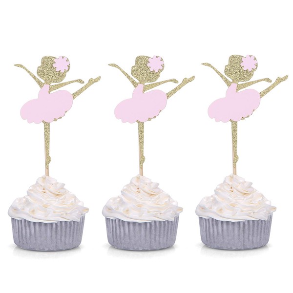 WiiHomz Giuffi 24 CT Gold and Pink Ballerina Cupcake Toppers - by