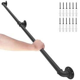 OKYMRO 7Feet Industrial Pipe Stair Handrail，Staircase handrail for Outdoor and Indoor Stairs Loft Porch HandRail ，Bathtub Grab Bars Handrails, (Rustic/Matte Black),Easy for Installation，Modern Look