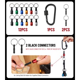 Katerk Portable Bit holder Keychain 12pcs Holders and 2pcs Connection Rods, 1/4 inch Hex Shank Screwdriver Bits Retainer, Quick Realease Bar Drill Screw Adapter Light-weight