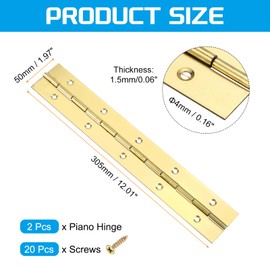 uxcell 2 Pack Piano Hinge, 12" Stainless Steel Continuous & Piano Hinges 2" Open Width 0.06'' Thick Heavy Duty Piano Hinges with Screws for Piano, Cabinets, Doors, Gold