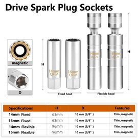 3/8 Inch Spark Plug Socket, 14mm 12 Point Flexible Thin Spark Plug Sockets, Chromium Vanadium Steel, Drive Spark Plug Removal Tool for Car Repair